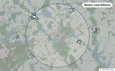 Mapa okolic miasta z sylwetkami samolotów — Niebo nad Ełkiem